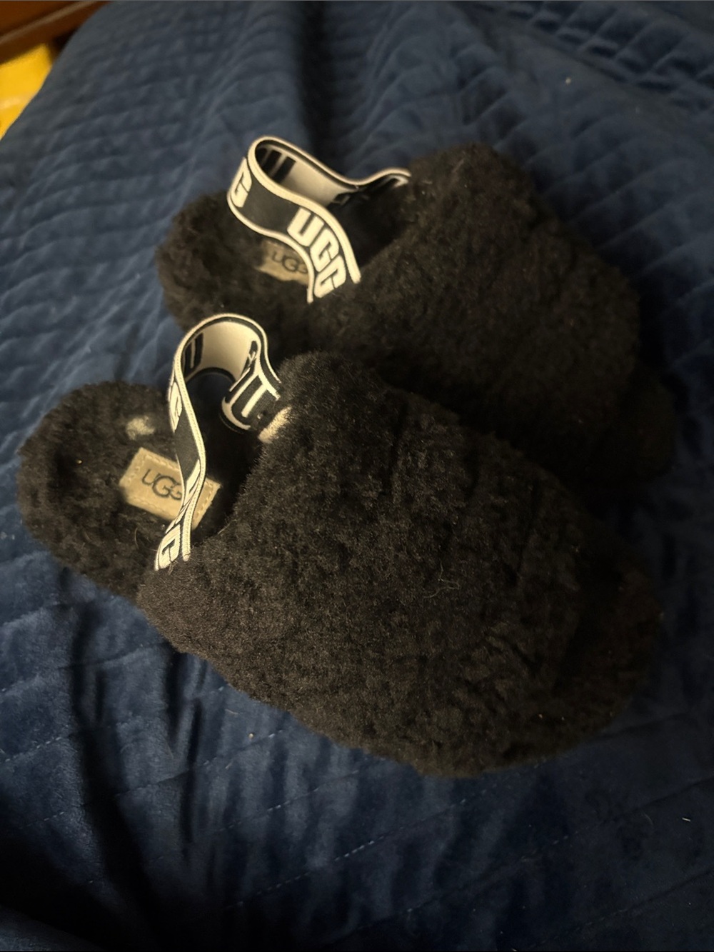 UGG Black Faux-Shearling Slide Slippers with Branded Heel Strap